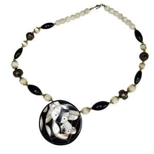 Panda Mom & Baby Pendant Beaded Necklace Mother of Pearl VINTAGE Jewlery